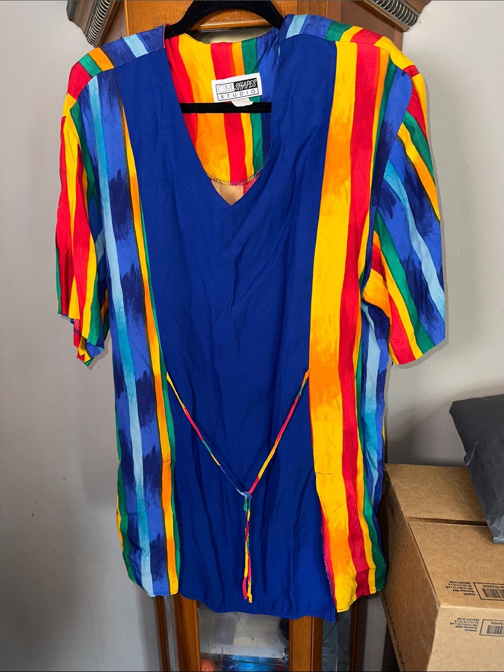 Vibrant Blue Multicolor Striped V-Neck Dress